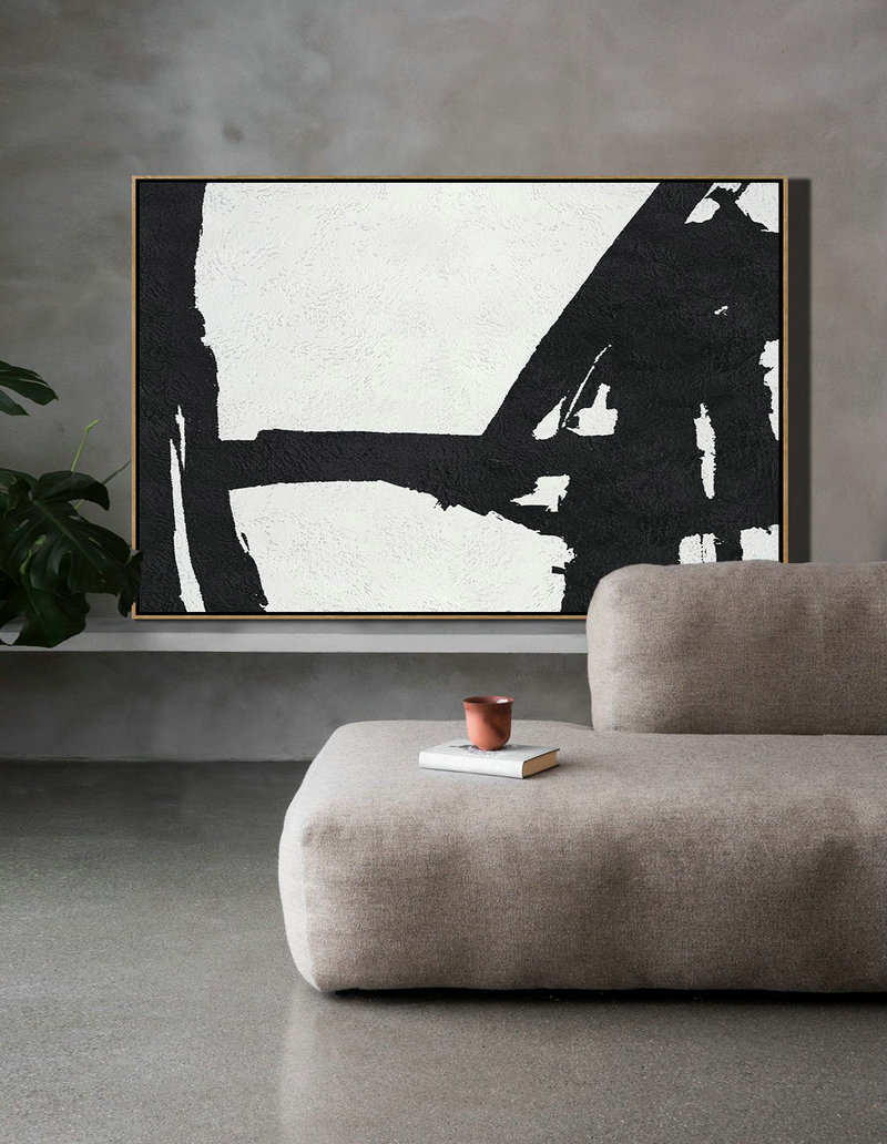 Large Contemporary Painting,Hand Painted Oversized Horizontal Minimal Art On Canvas, Black And White Minimalist Painting - Contemporary Wall Art